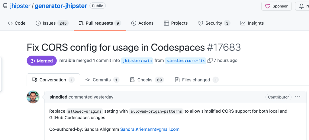Screenshot of the PR to fix the CORS issue