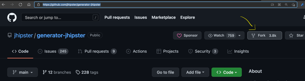 Screenshot with highlighted Fork button https://github.com/jhipster/generator-jhipster